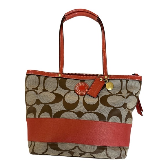 Coach Tan and Tangerine Signature Shoulder Bag NWOT - Picture 1 of 16